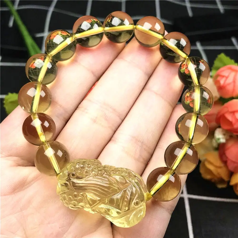 12 мм топ натуральный желтый цитрин браслет для женщин мужчин прозрачный Pi Xiu