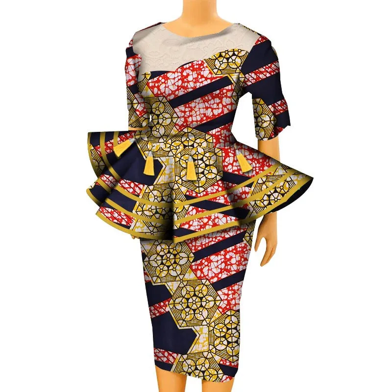 

2 Pieces Set African Clothes for Women African Outfits Plus Size Print Blouse with Tassels Skirts Bazin Riche Clothing WY7844