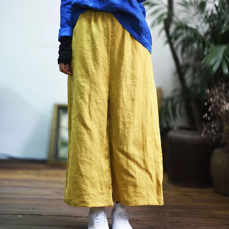 Женские льняные широкие брюки Johnature с эластичной резинкой на талии новинка весны