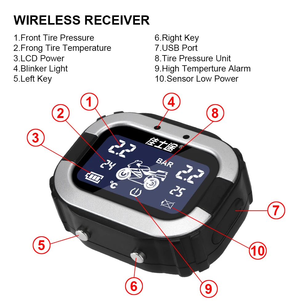 

LCD Display Wireless Motor Tire Pressure Monitoring System 2 External Sensors Tyre Temperature Alarm Motorcycle TPMS