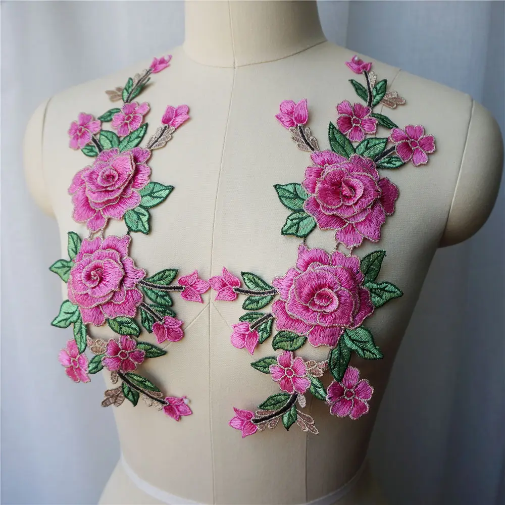 2 шт. розово красные 3D цветочные вышитые аппликации для платья кружевные тканевые