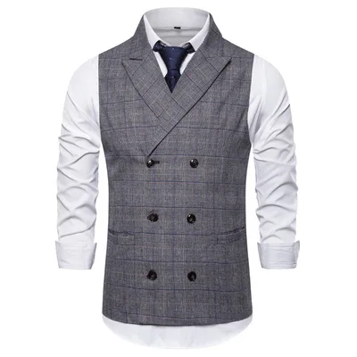 

Men's suit vest autumn new fashion double-breasted check vest men's European size men's casual suit vest 068