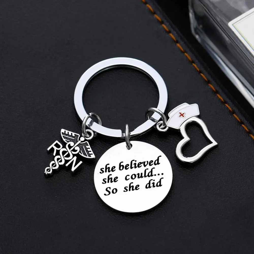 

12PC Engraved Words She Believed She Could So She Did Keychains Stainless Steel Inspire Keyrings RN Nurse Cap Pendant Nurse Gift