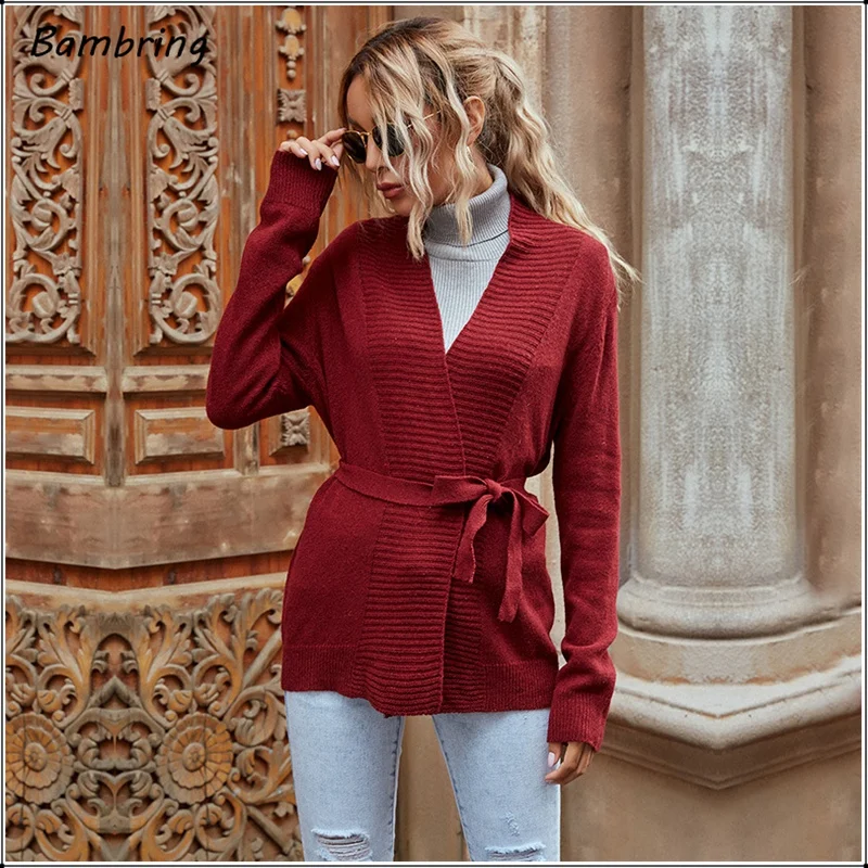 

Long Sleeve Knitted Cardigan Sweater Coat Women Luxury Burgundy Knit Jacket With Waist Belt Office Lady Casual Winter Warm Tops