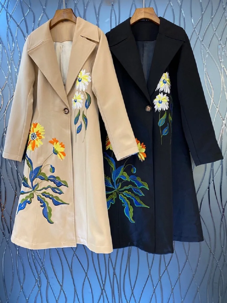 

Winter 2021 Autumn Fashion Long Coat Trench High Quality Women Exquisite Floral Embroidery Single Button Casual Overcoat Outwear