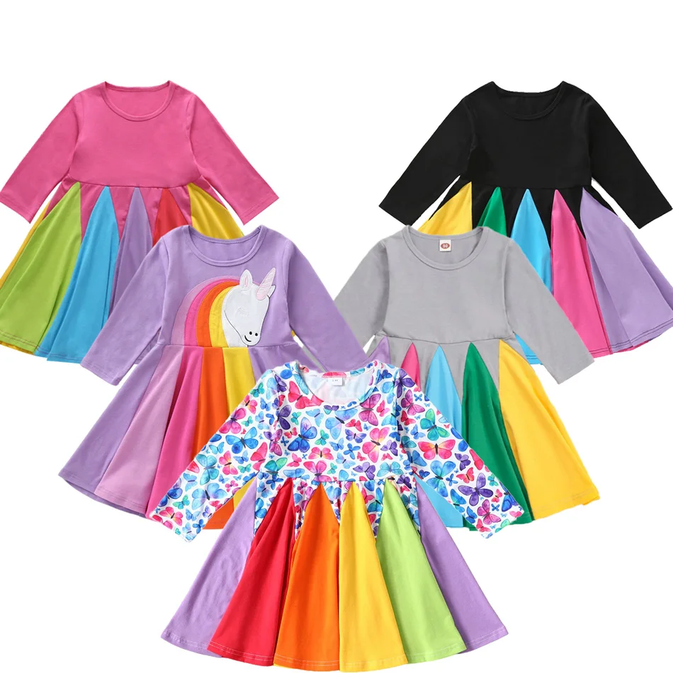 

1-6Y Kids Dresses for Girls Children Long-sleeved Butterfly Unicorn Rainbow Dress Autumn Winter Toddler Girl Christmas Outfits
