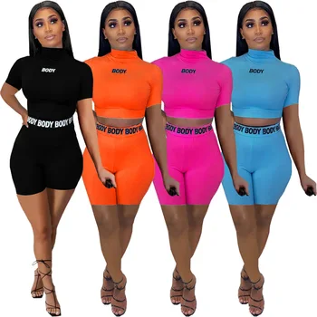 Casual Letter Print Biker Set  Women Tracksuit Shirt Crop Top + Short Pants Streetwear Sportsuit Fitness Summer Outfit 1