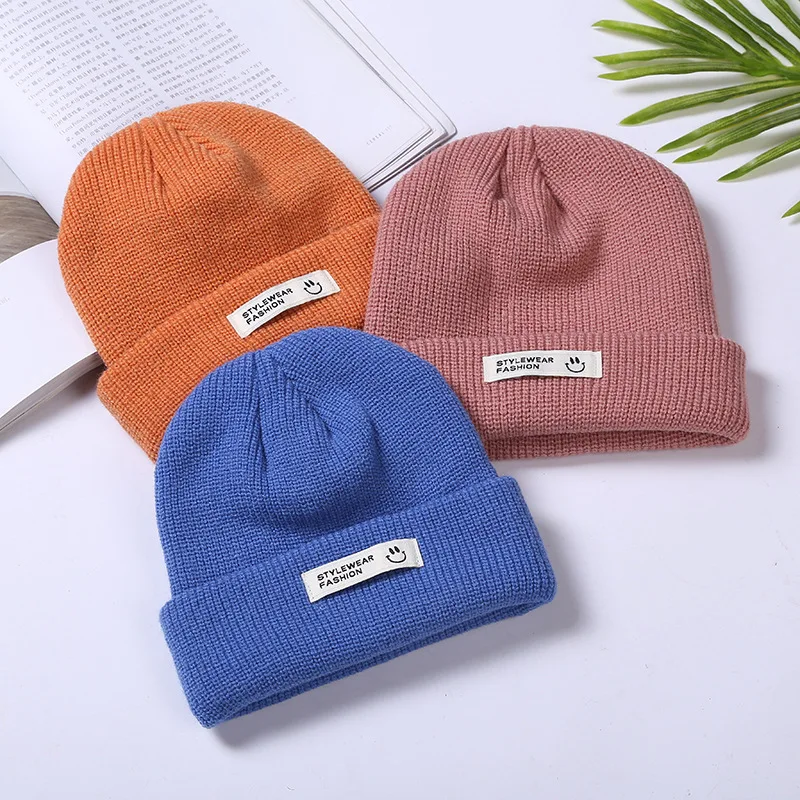 

Winter Hats For Women Smile Letter Label Fall Skullies Beanies Solid Crimping Knitted Hat Kpop Streetwear Warm Bonnets For Women