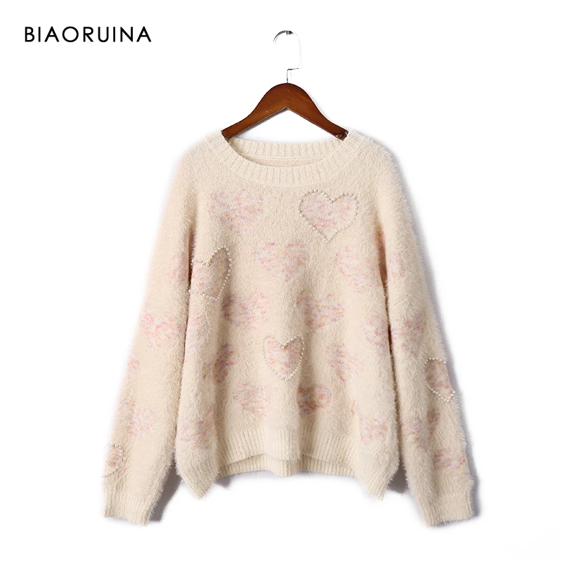 BIAORUINA Women's Heart Jacquard Beading Fluffy Thick Warm Knit Pullover O-neck Female Oversized Sweet Winter Sweater One Size | Женская