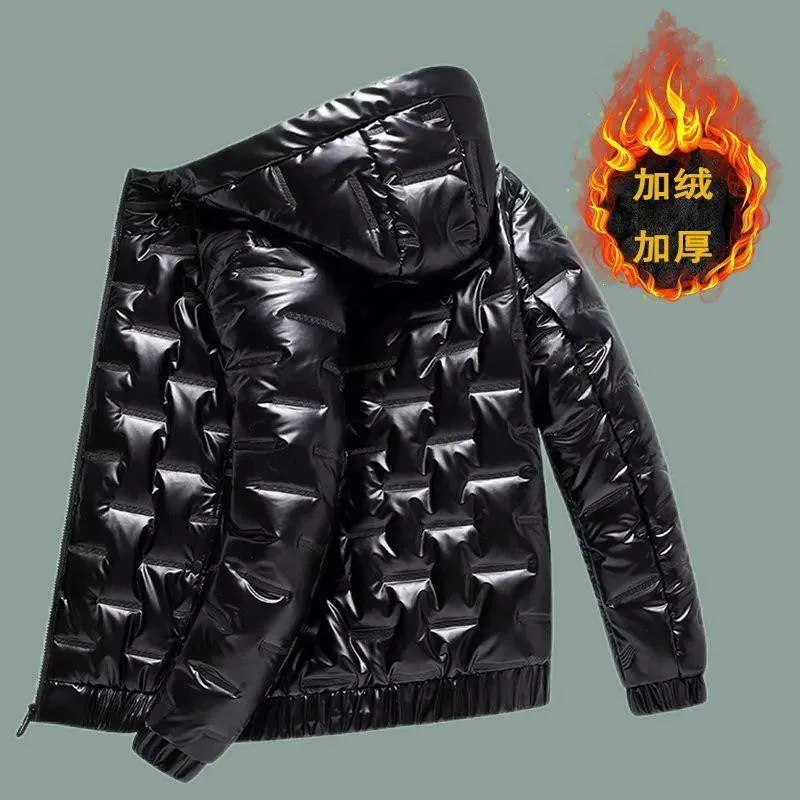 

New winter solid color shiny cotton coat short style personality trend coat silver black casual large size M-5XL men's clothing