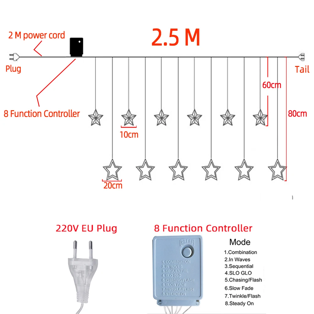 

2.5M 3.5M LED Christmas Star Garlands Curtain Light 220V Outdoor String Fairy Lights For Wedding Party Bar New Year Decoration