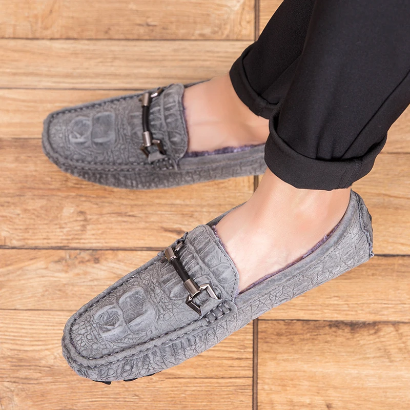 

Mens Winter with Fur Warm Loafers Crocodile Pattern Casual Suede Leather Shoes Daily Flat Slip-on Driving Youth Street Footwear