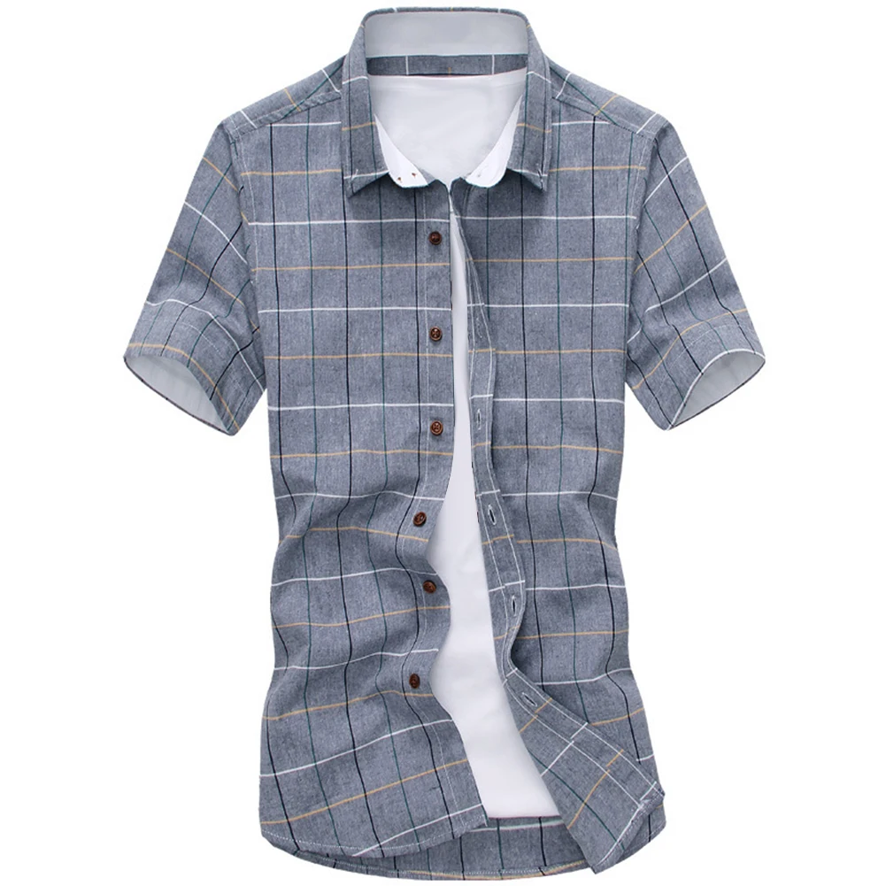 Мужская хлопковая рубашка в клетку с коротким рукавом и отложным воротником |