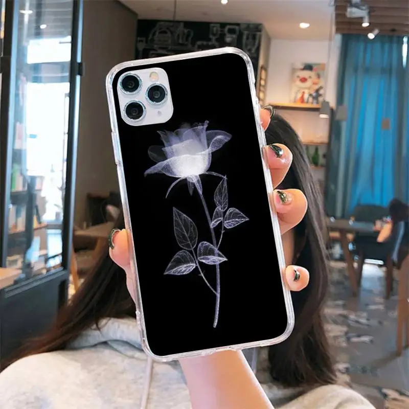 

Beautiful black white Rose flower Phone Case Transparent for iPhone 6 7 8 11 12 s mini pro X XS XR MAX Plus cover funda shell