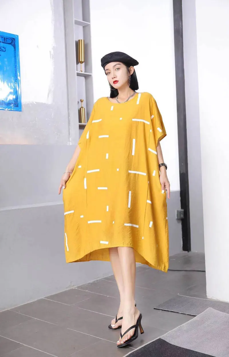 

DIMANAF 2021 Plus Size Summer Dress Women Vestidos Sundress Striped Print Pockets Dress Vintage Print Loose Casual New Dresses