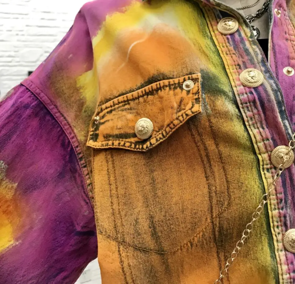 

Contrasting lapel long sleeve denim shirt 2020 new women heavy industry tie-dye graffiti mid-length gold button denim blouse