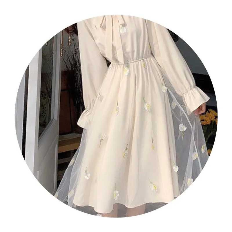 

Spring 2021 New Mori Department Sweet Small Fresh Chiffon Long Sleeve Dress Waist Show Thin Skirt