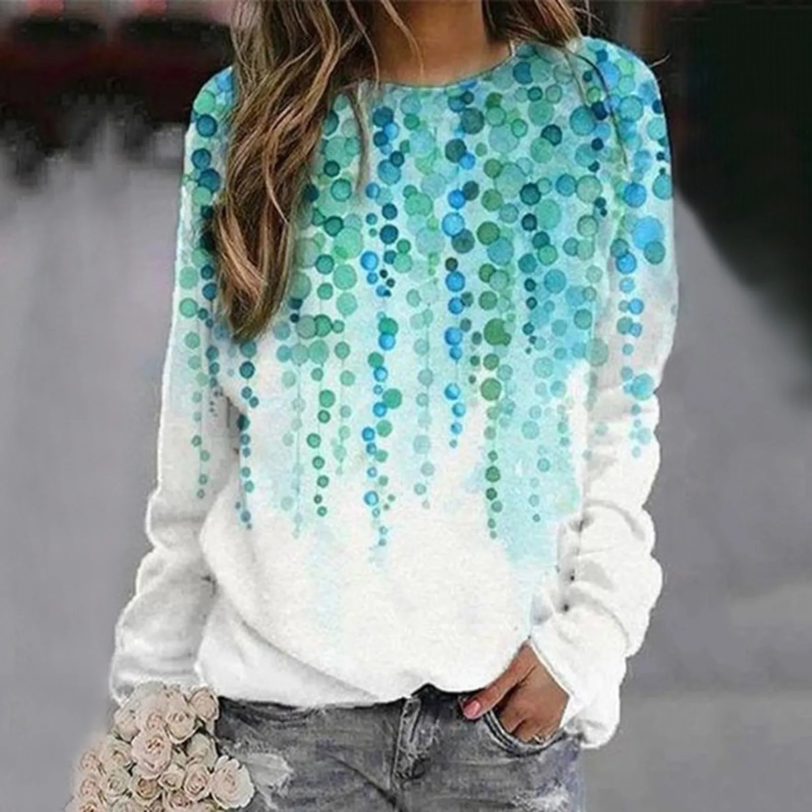 

Женская футболка с круглым вырезом и длинными рукавами с принтом в горошек, пуловер, блузки, легкие топы, повседневные универсальные милые ф...