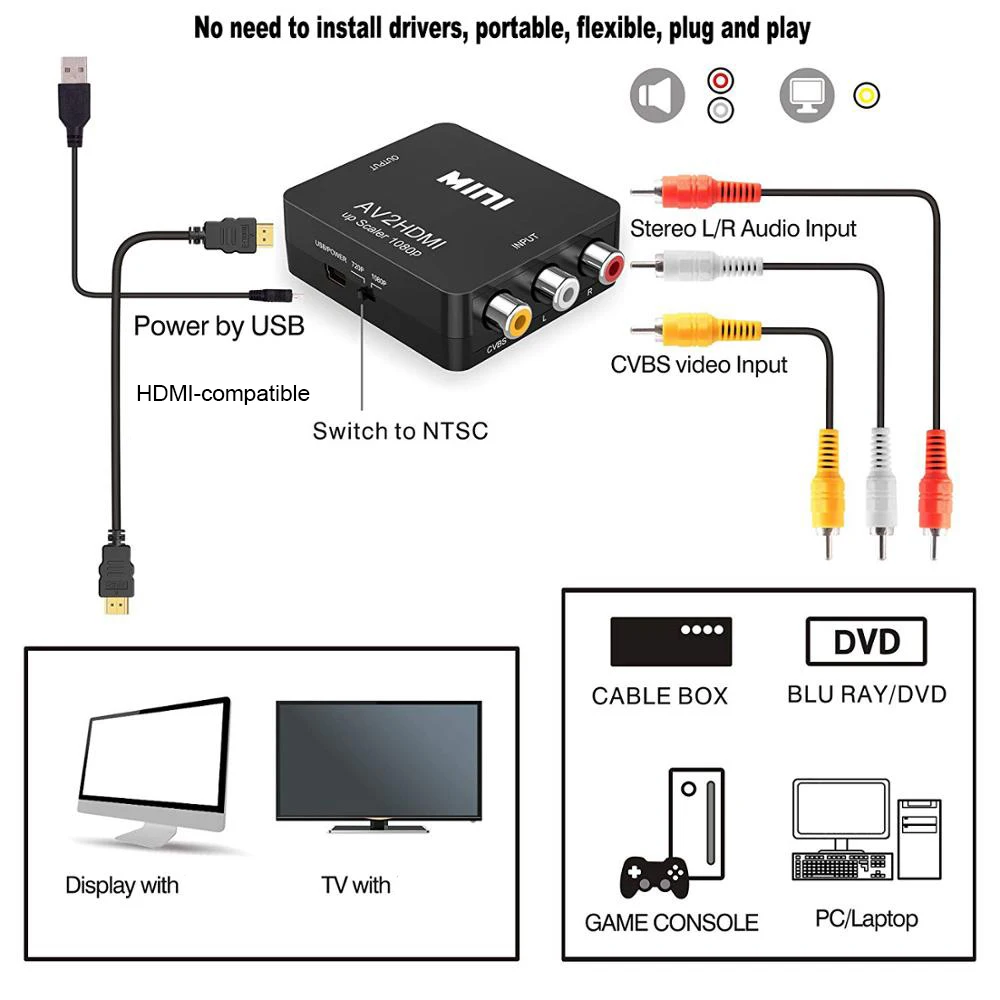 RCA к HDMI-совместим с rca 1080P VGA композитный CVBS AV видео аудио конвертер адаптер