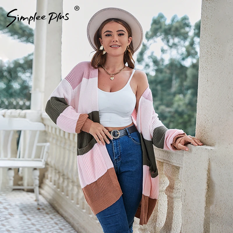 

Simplee Plus Autumn color block plus size long cardian women Long sleeve V-neck oversize pocket sweater Loose 3XL knit sweater