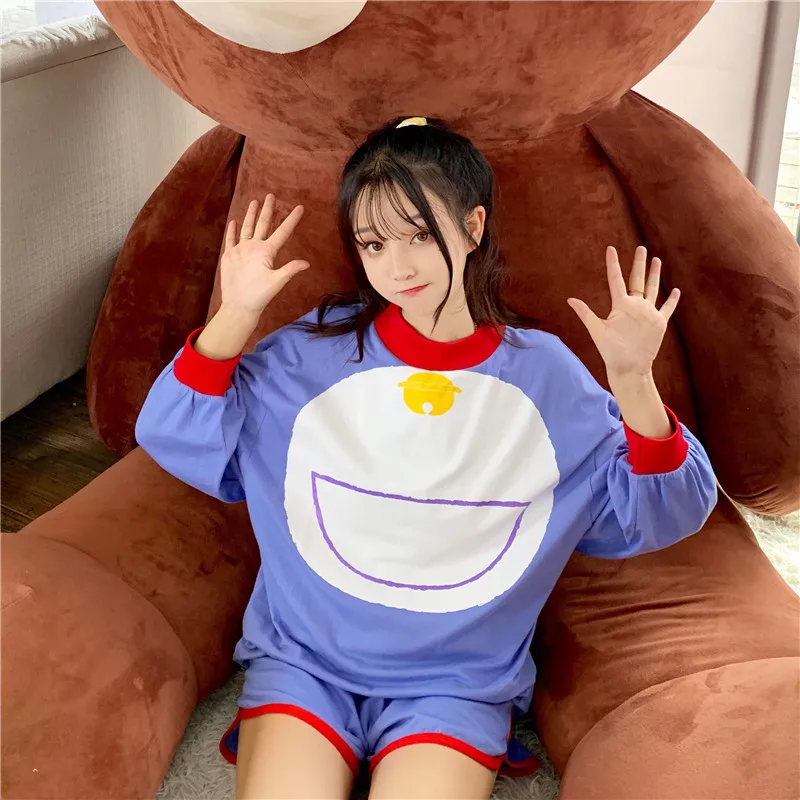 Женские пижамные комплекты с героями мультфильмов Doraemon осенние пижамы Пижамный