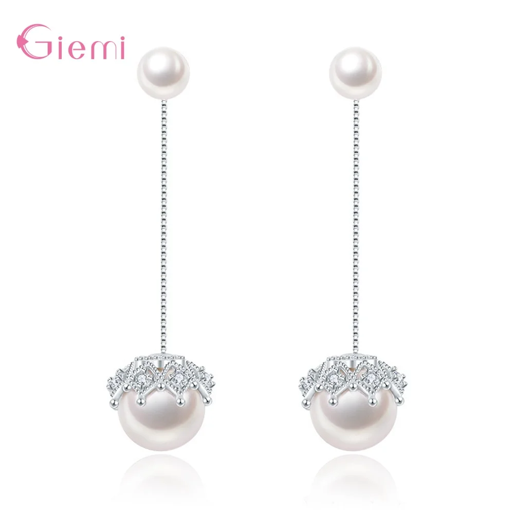 

Elegant 925 Sterling Silver Cubic Zircon Crown Pearl Dangle Earrings for Women Girl Long Drop Tassel Jewelry Gift Brincos