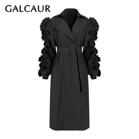 galcaur loose windbreaker for women lapel puff long sleeve patchwork ruffles high waist lace up designer clothes female 2020 new