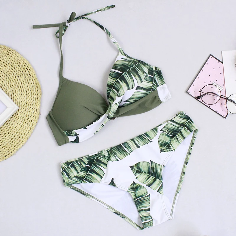 

Sexy Push Up Bikinis Set Swimwear Women Swimsuits Bathing Suit Women Halter Leaf Print Beach Wear Bikini Free shipping