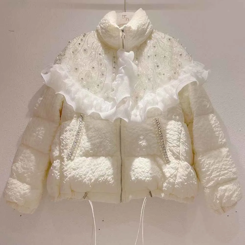 

European station Winter Parkas Clothes Korean Sweet design sense ruffled drill stand collar wild warm Down cotton jacket women