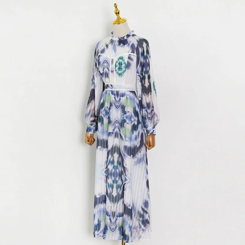 

Vintage Print Dress For Women Stand Collar Lantern Long Sleeve High Waist Hit Color Mid Dresses Female 2021 Clothes