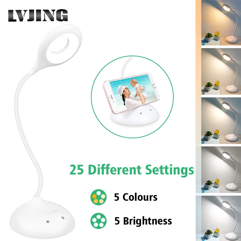 

LVJING LED Desk Lamp 5 Lighting 5 Brightness Eye Protect Reading Light USB Rechargeable Touch Control Table Lamp w/ Phone Holder