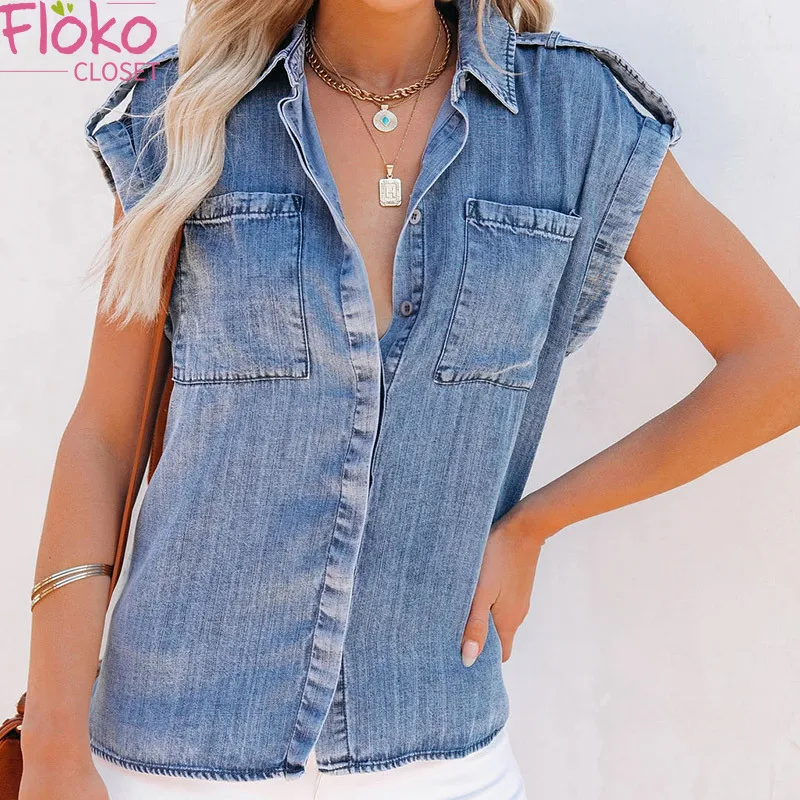 

Flokocloset Summer Sleeveless Pockets Denim Shirt Casual Female Turn Down Collar Streetwear Tops