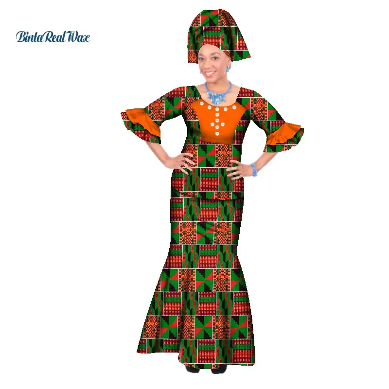 African Bazin Beads Tops and Skirt Sets for Women Print Dashiki Traditional 2 Pieces Mermaid Clothing WY045 | Тематическая одежда