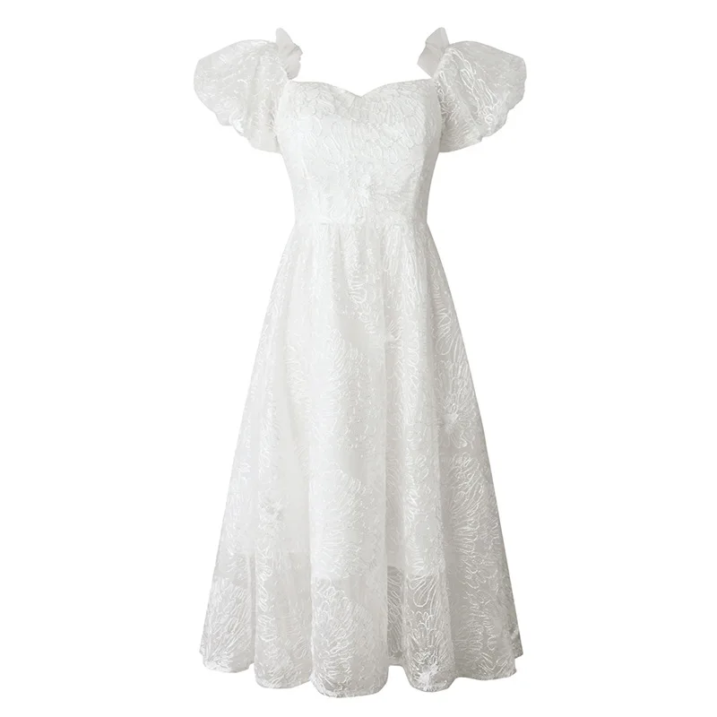 

FOLOBE 2021 New Summer French Lace Dresses Women Square Collar Sweetheart Puff Short Sleeve Party Midi Dress vestido feminino