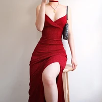backless spaghetti strap v neck long dress women sexy sleeveless side slit club clothes elegant solid red party long robe dress