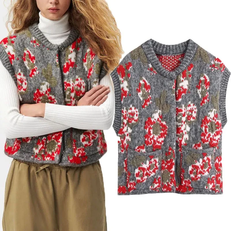

2021 Za Floral Jacquard Knit Vest Women Sleeveless O Neck Winter Warm Sweater Button Up Loose Vests Chic Female Casual Cardigan