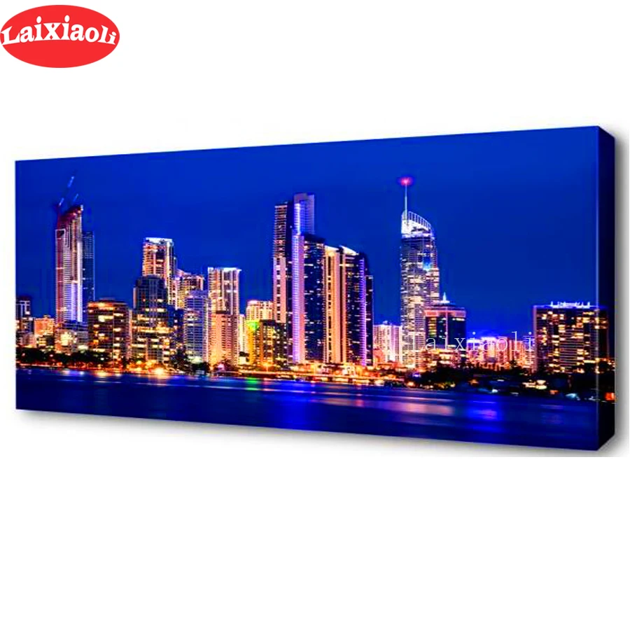 

Full square round diamond painting diamond embroidery blue city night landscape 5D rhinestone mosaic diamond inlaid long decor