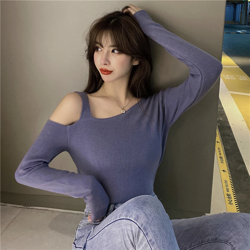 

JXMYY 2020 autumn and winter new slim-fit sweater knit bottoming shirt long-sleeved irregular design off-shoulder top women