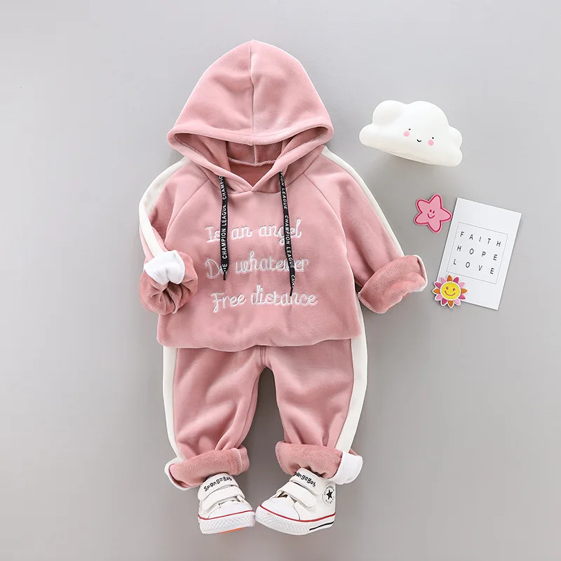 

Korean leisure autumn winter double-sided gold mink velvet warm letters sports hooded coat+pants infant children jogging bebes