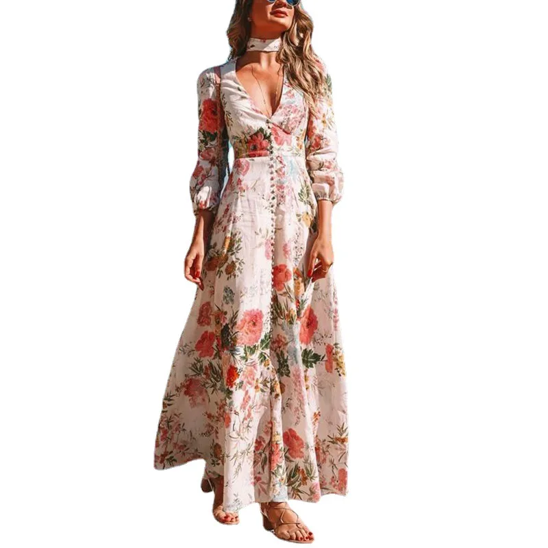

Mandylandy Dress Summer Sexy Lantern Sleeve V-neck High Waist Single-Breasted Dress Women's Casual Printed Slim Dress