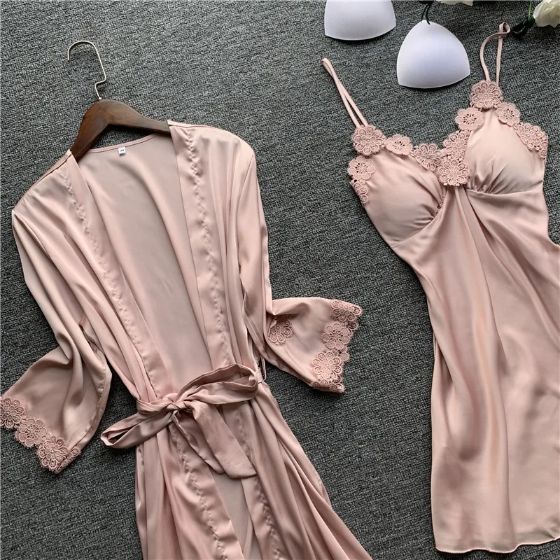 

Simulation Silk Ladies Suspender Nightdress Sexy Nightgown Two-piece Set with Chest Pad Gather Sleepwear Robe De Nuit Femme