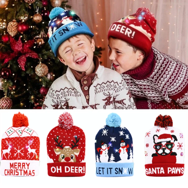 

1Pc LED Christmas Hats Beanie Sweater Christmas Santa Light Up Knitted Winter Hat For Kid Adult Party Warmer Cap Baby Boy Girl