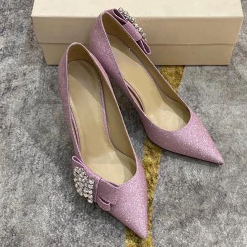 

Glitter Rhinestones Women Pumps Crystal Bowknot Summer Lady Shoes Genuine Leather High Heels Party Prom Shoes