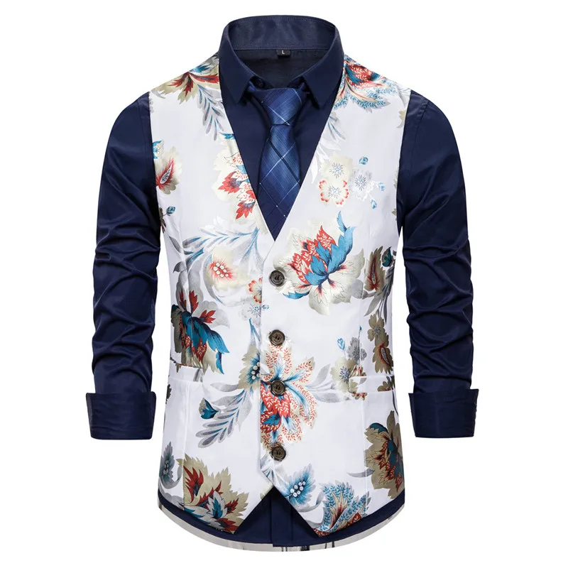 

New Slim Fashion Wish Autumn And Winter New European Code Color Men's Bronzing Printed Suit Vest Waistcoat Weste MJ206