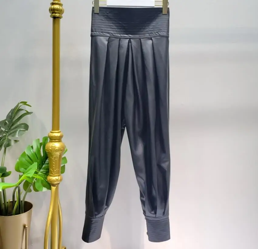 Женские шаровары из искусственной кожи с пуговицами свободные брюки высокой