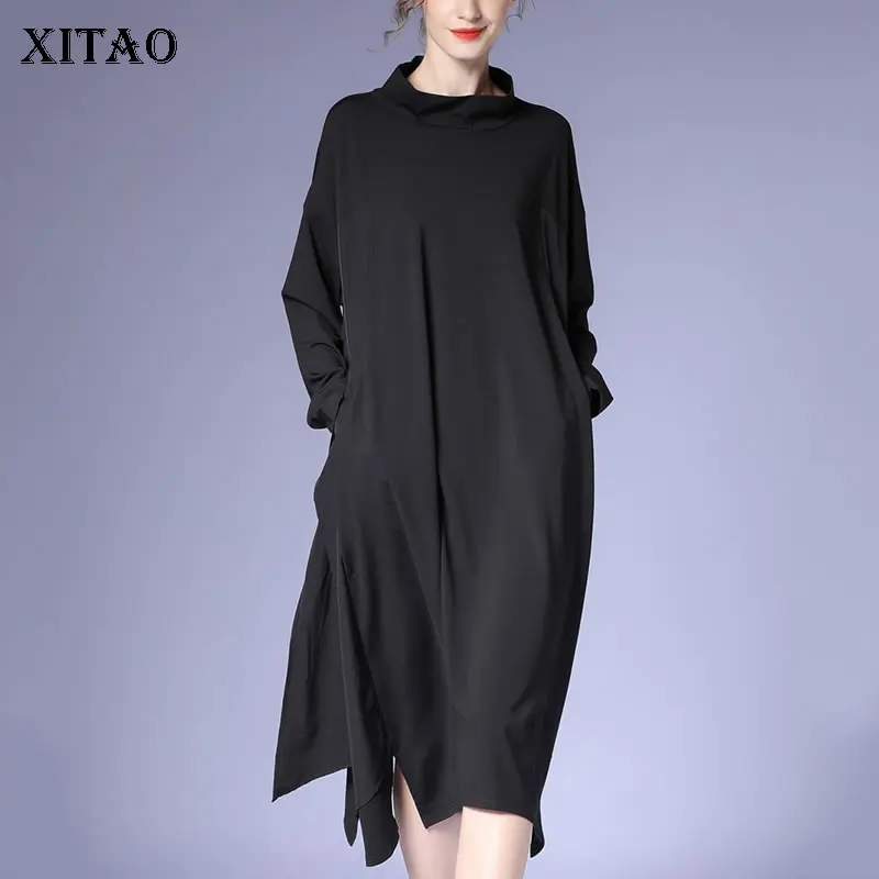 

XITAO, однотонное женское платье, Осеннее, новое, асимметричное, с длинным рукавом, с половинным высоким воротником, темпераментное, повседнев...