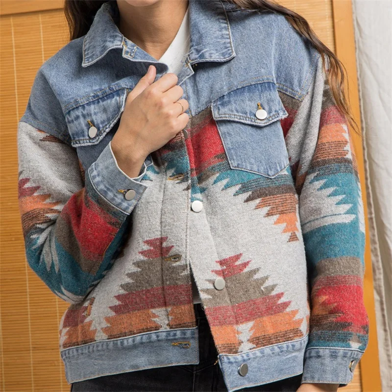 

Retro Geometric Print Denim Jacket Cool Girl Street Fashion Lapel Long Sleeve Buttoned Top Stitching Pocket Casual Jacket
