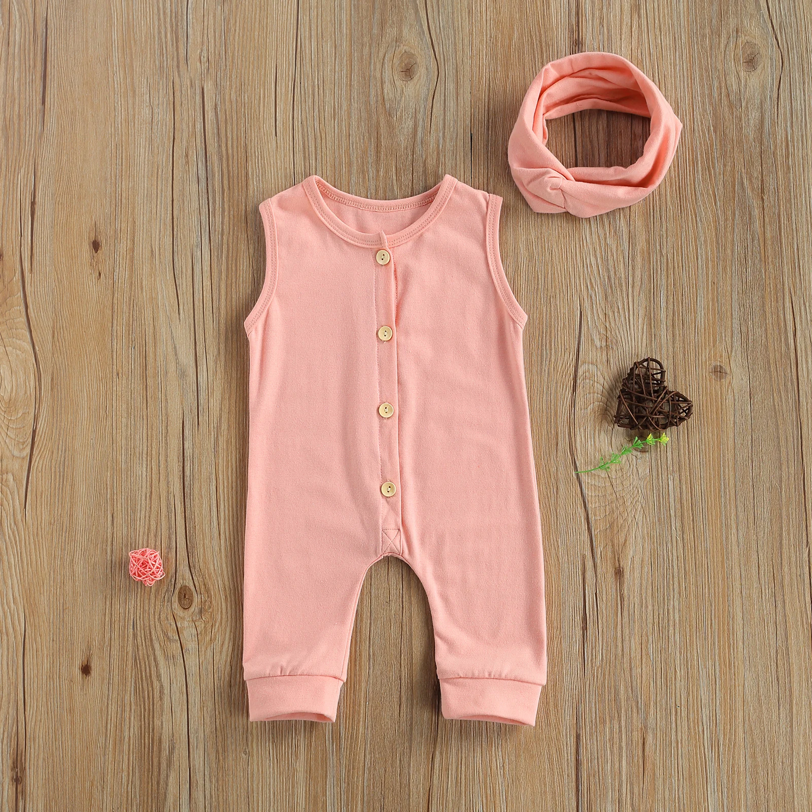 

Newborn Baby Girl Solid Color Clothes Set Girls Sleeveless O-neck Button-up Jumpsuit Romper Knot Headband Outfits Sunsuit 0-24M