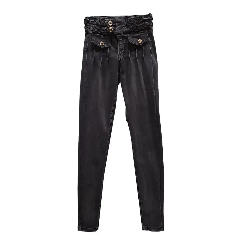 

2021 Spring and Autumn New High Street Black Denim Pants Women Weave Belt Pinched Wrinkle Washed White Elastic Slim Pencil Pants