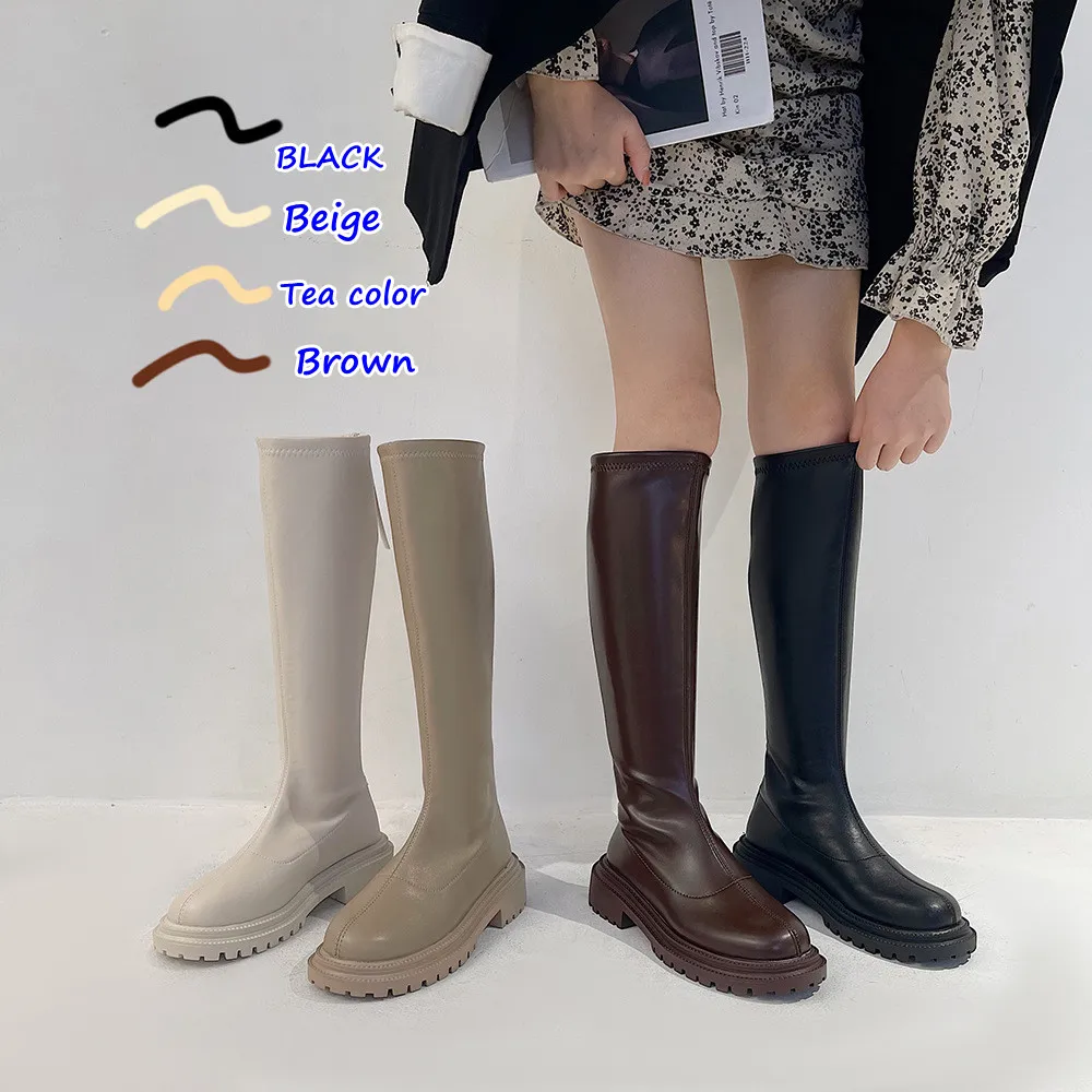 

2021winter Fashion Woman Rubber Slim Flat Platform stretch Boots Black Beige Mid Calf Knee-High Toe Slip On Motorcycle Boots